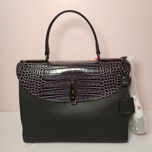 NWT Tumi Mezzanine RIVERA Crocodile Embossed Leather Satchel GREY - Picture 8 of 9